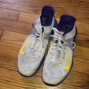 Nike White and Purple Sneakers with Yellow Accents